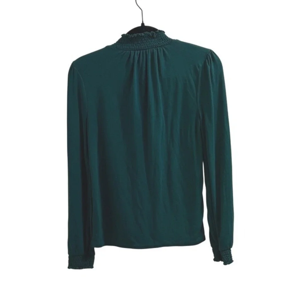 J.Crew Smocked High Neck Top XXS Green Long Sleeve Jersey Knit Victorian Blouse